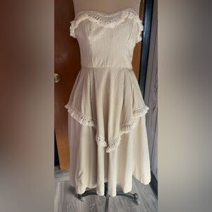 Vintage cotton bias stripe strapless dress with tassel trim in XS